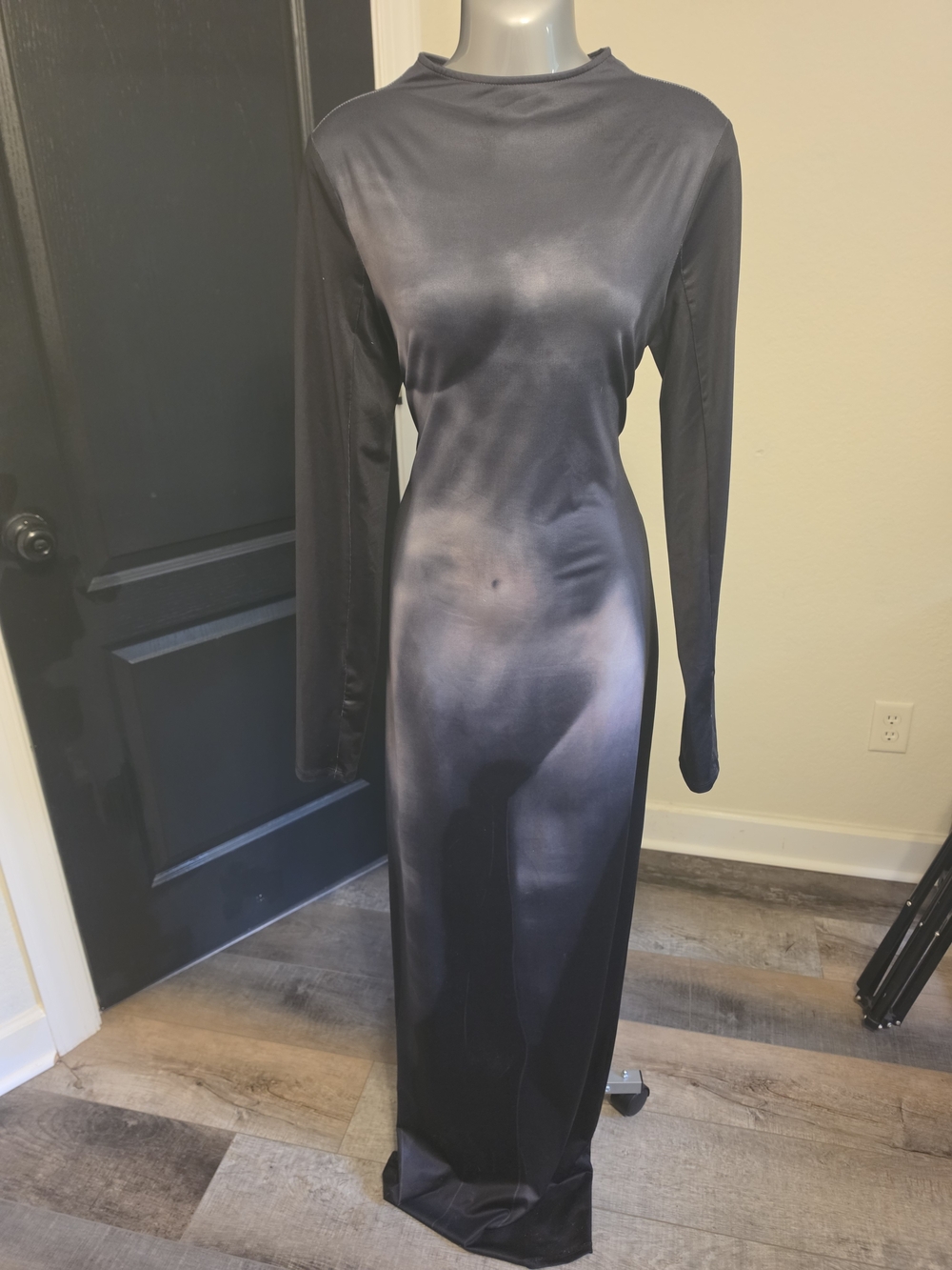 Sleek Long Sleeve Satin Maxi Dress - Charcoal